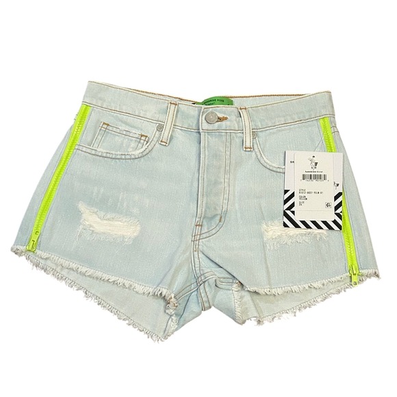 Sandrine Rose Denim Shorts Size 24 Light Wash Distressed Neon Yellow Zipper - Picture 1 of 9